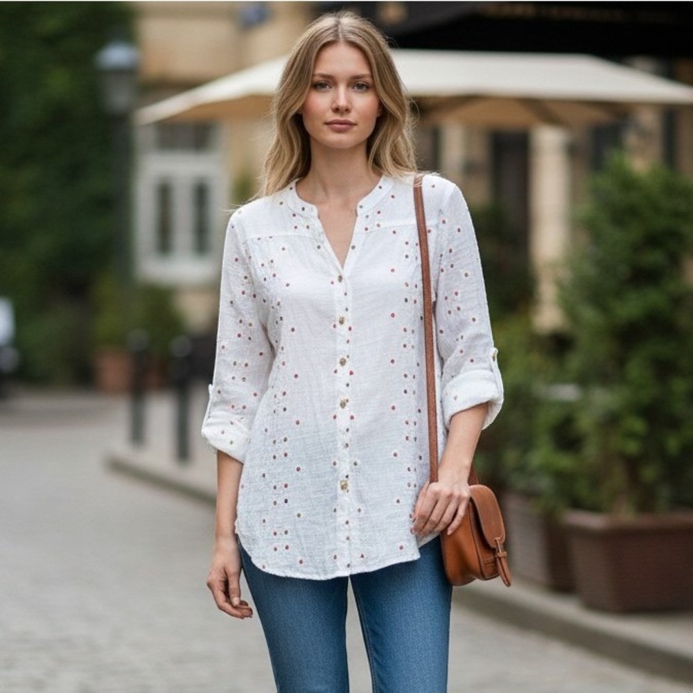 Hope Springs Womens Button Up Lrg White Floral Embroidered Boho Gauze Fairy Top